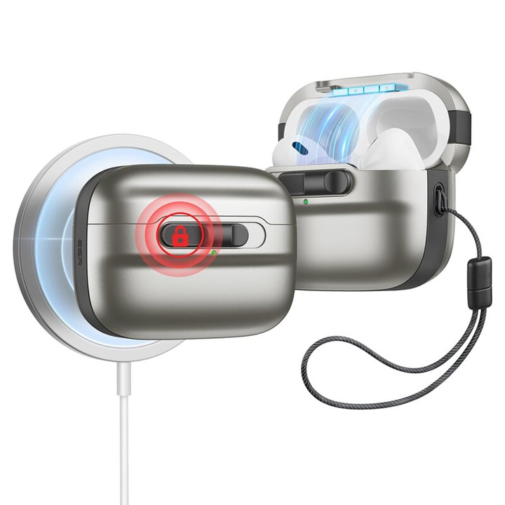 Husa ESR pentru AirPods Pro 1/2 cu HaloLock, compatibila MagSafe, protectie la socuri, cu snur, Titanium