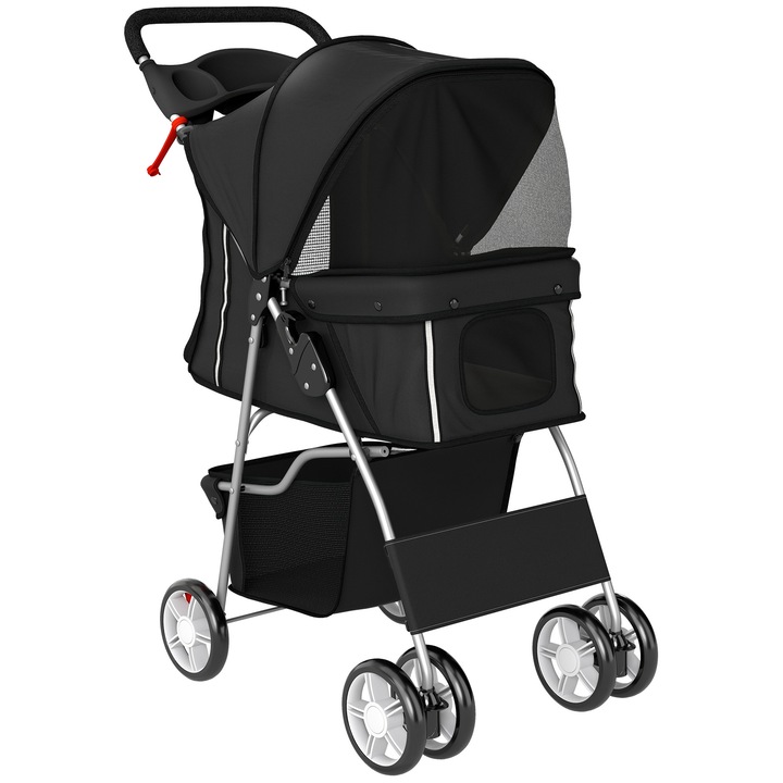 PawHut Carucior pentru Caini Pliabil cu Cos si Suport pentru Pahare, Greutate Max. 10 kg, 77x44x102 cm, Negru