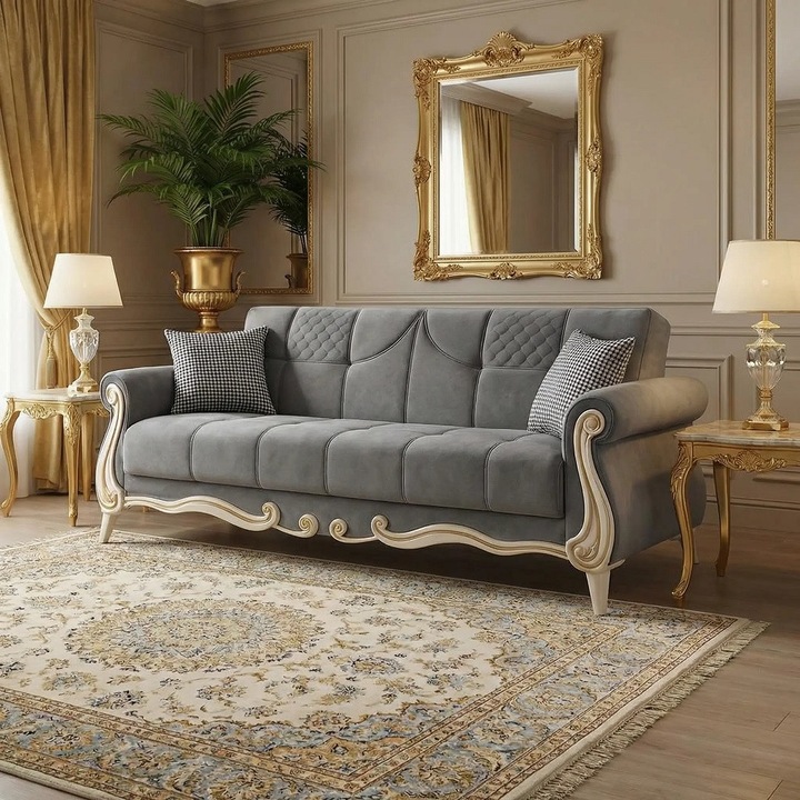 Canapea extensibila cu lada depozitare Hurrem Modella, gri/crem, 225x 90x 90 cm