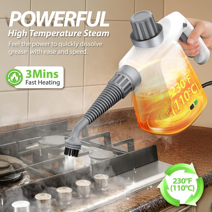 Aparat de curatat cu abur multifunctional, Bedee, 1000W, Rezervor 350 ml, Portabil, Accesorii curatare suprafete multiple, Temperatura inalta, Usor de utilizat, Fara substante chimice, pentru aragazuri, saltele, interior auto, canapele, tapiterii, Alb/Gri