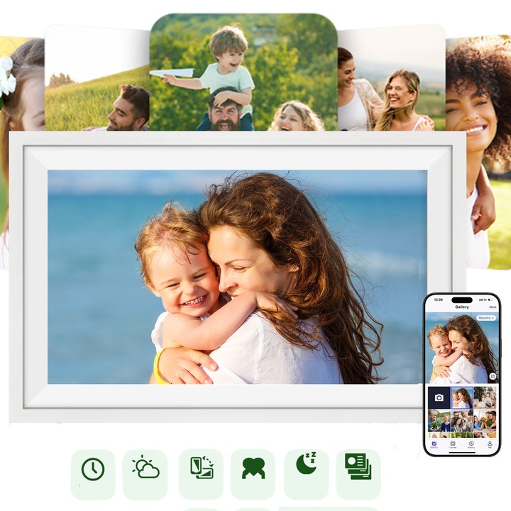 Rama foto digitala 15.6 inch, Bedee, 32GB, 1920x1080, alb, montabil pe perete