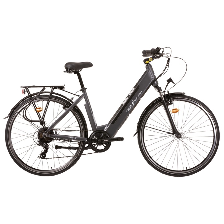 Bicicleta Electrica City 28″, Motor 250W, Baterie 36V/10, 4Ah, 7 Viteze, Frane V-Brake, Gri Inchis