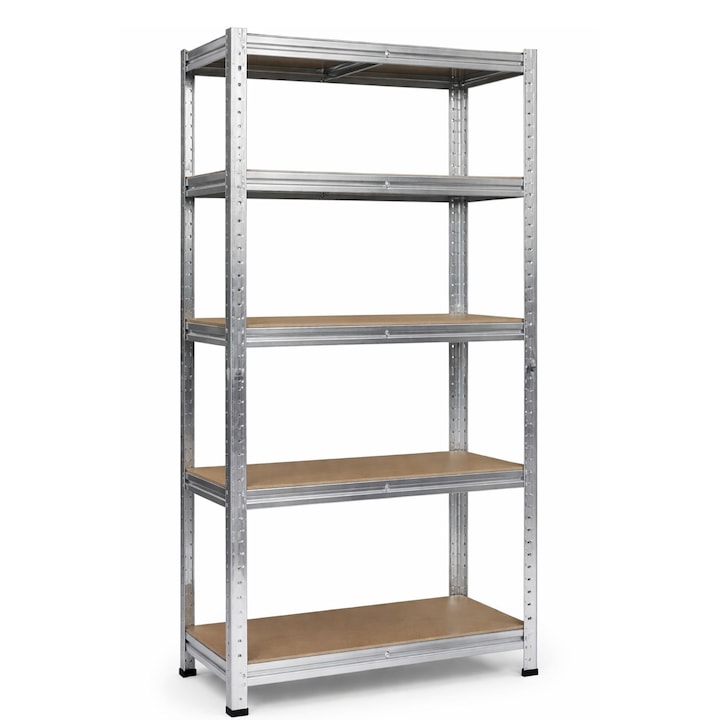 GALAXIA® fém tárolópolc, 5 MDF polc, 180x90x40 cm, 175 kg/polc, csavarmentes rendszer, ezüst keret, ideális garázsba, irodába, üzletbe