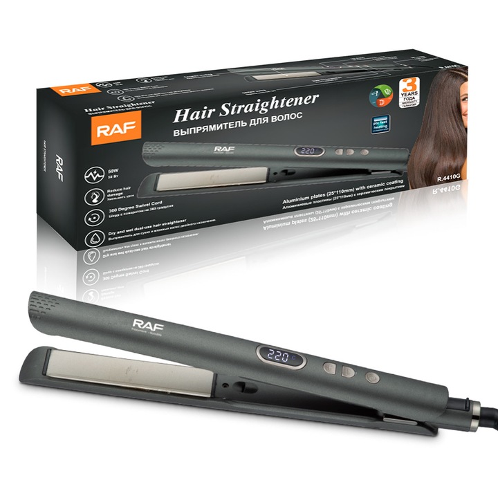 Aparat de indreptat parul RAF R.4410G cu acoperire ceramica, control digital al temperaturii 160°C–220°C, utilizare duala pe par uscat si umed, cablu rotativ 360°