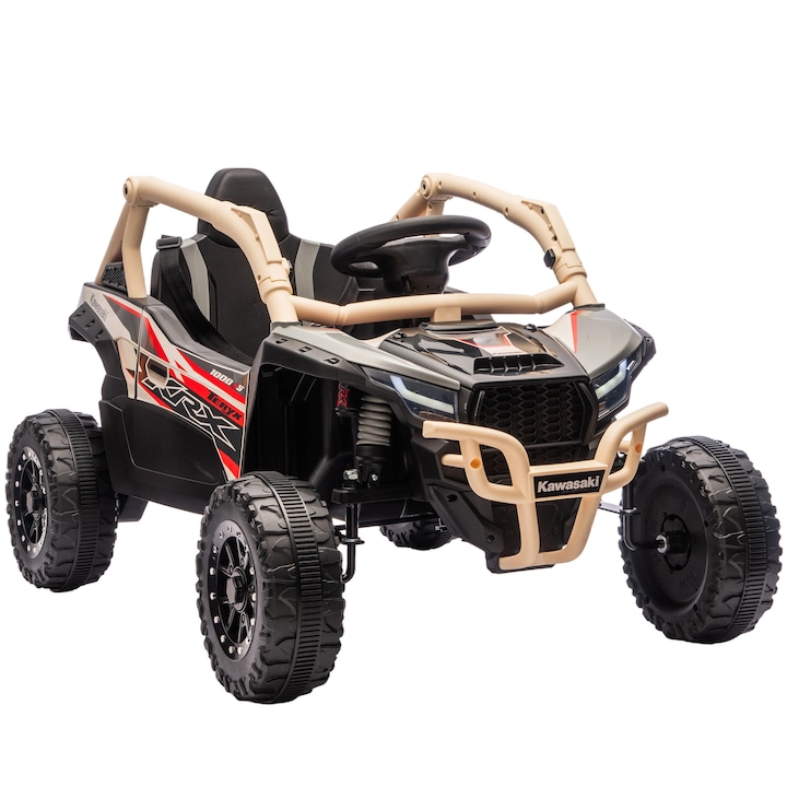 AIYAPLAY ATV Electric pentru Copii 3-8 Ani 12V cu Licenta KAWASAKI, Motor Dublu, Telecomanda si Muzica, negru/bej