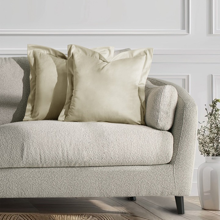 Set 2 huse perne decorative din catifea cu tiv, Velvet, 220 g/m2, 45 x 45 cm, Crem