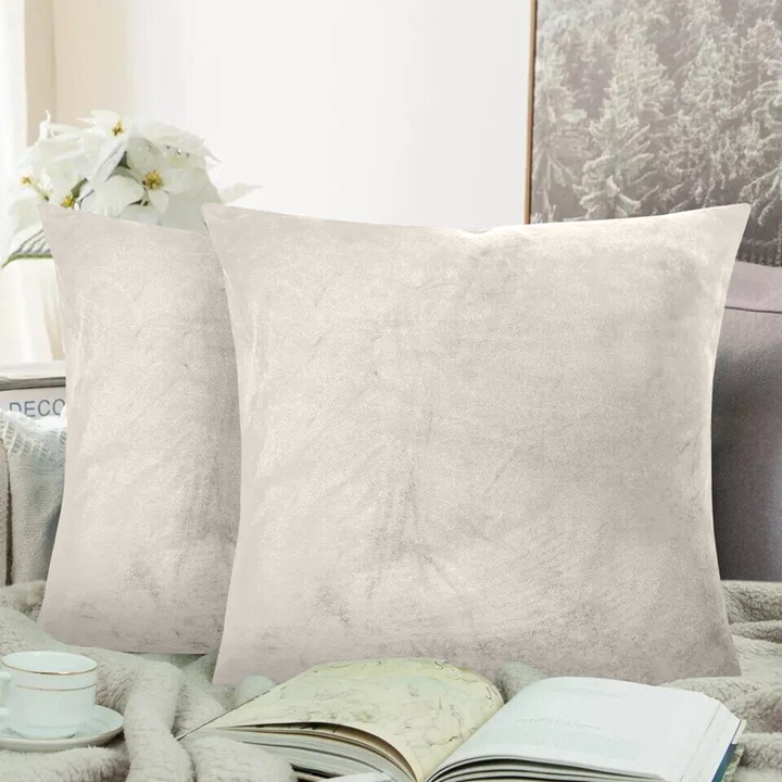 Set 2 huse perne decorative stil clasic, 240 g/m2, Mic, 45 x 45 cm, Crem