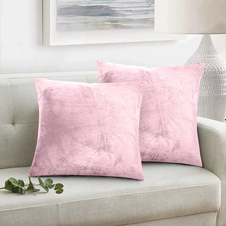 Set 2 huse perne decorative stil clasic, 240 g/m2, Mic, 45 x 45 cm, Roz pudrat