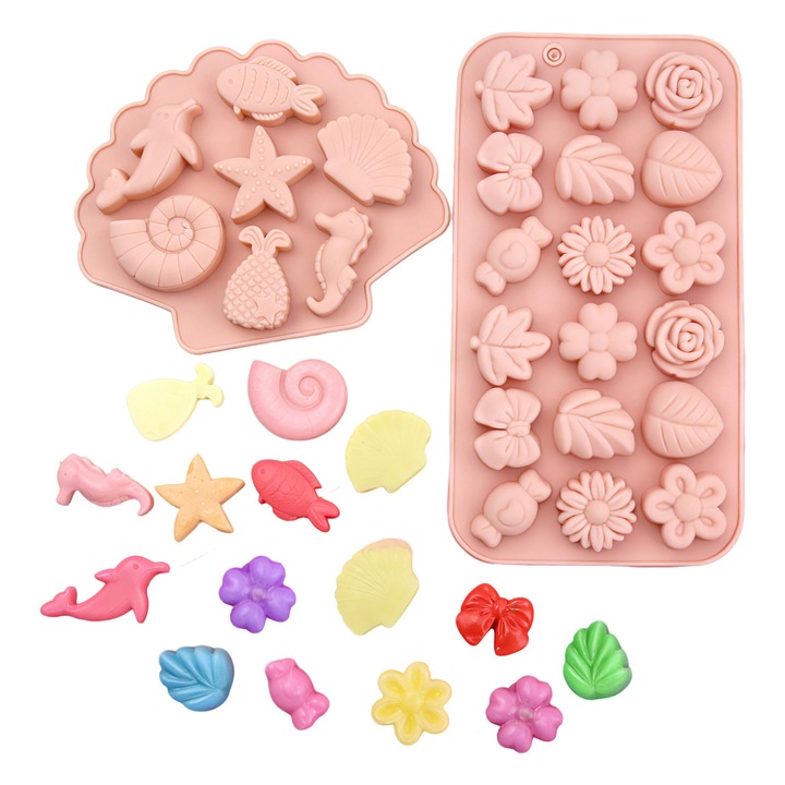 Set 2 forme silicon flori si tema marina, roz