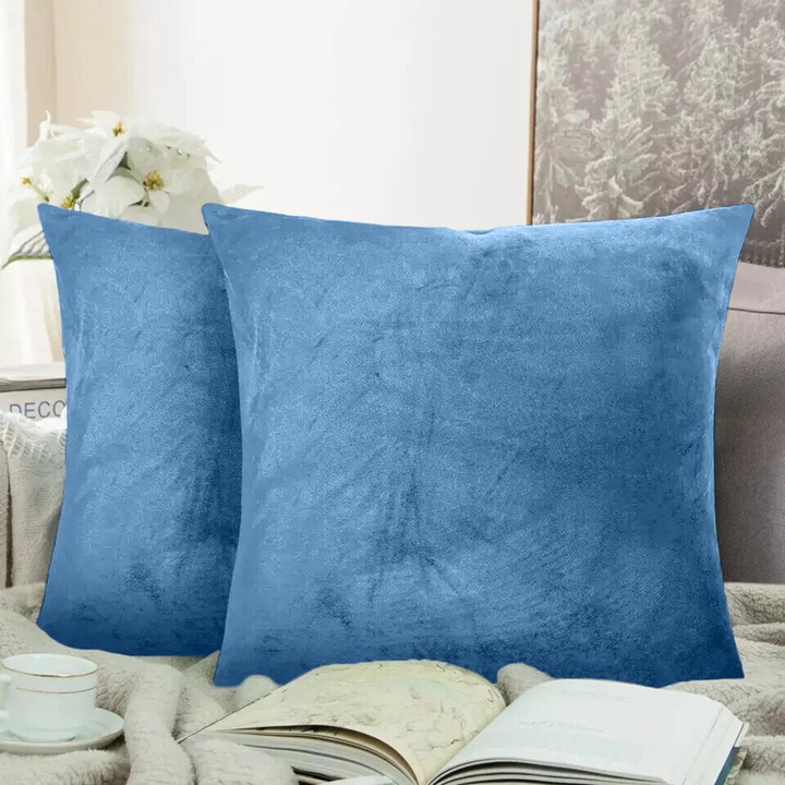 Set 2 huse perne decorative stil clasic, 240 g/m2, Mic, 45 x 45 cm, Albastru
