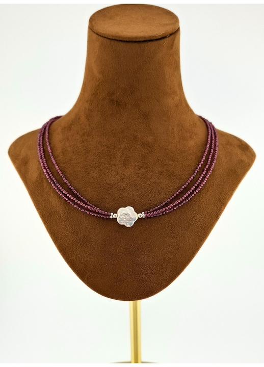 Colier filimorphia cu pietre naturale, Perle de Cultura, Granat, si accesorii Argint 925, 39cm, realizat manual