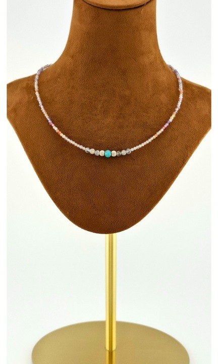 Colier filimorphia cu pietre naturale, Amazonit, Labradorit, mix pietre semipretioase (Ametrin, Turmalina, Piatra Soarelui), accesorii Argint 925, 38cm, realizat manual