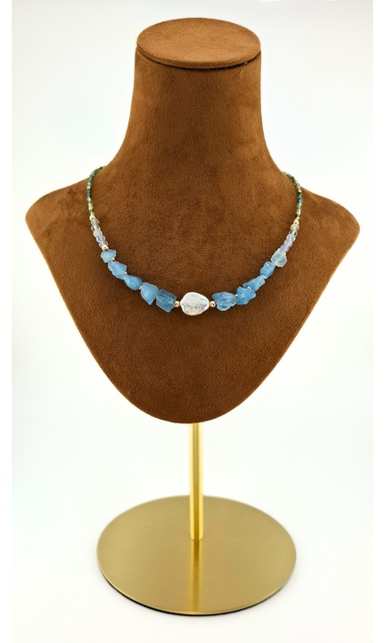 Colier filimorphia cu pietre naturale, Acvamarin, Perla Baroque, Fluorit, Turmalina, si accesorii Argint 925, realizat manual, 38.5 + 4 CM