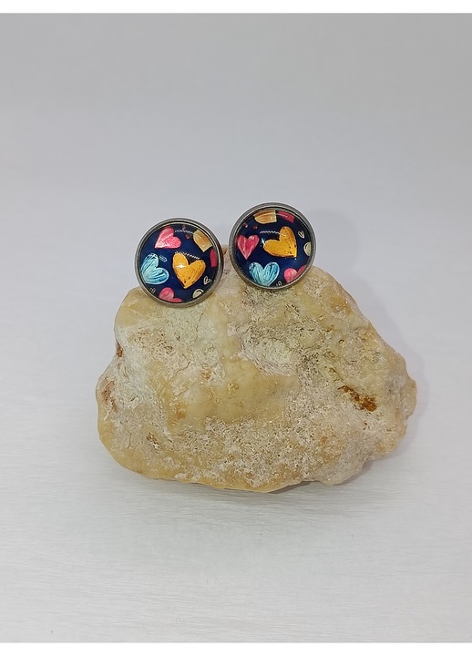 Cercei, Inox Argintiu, Model Inimi Colorate, 1 cm, Hipoalergenici