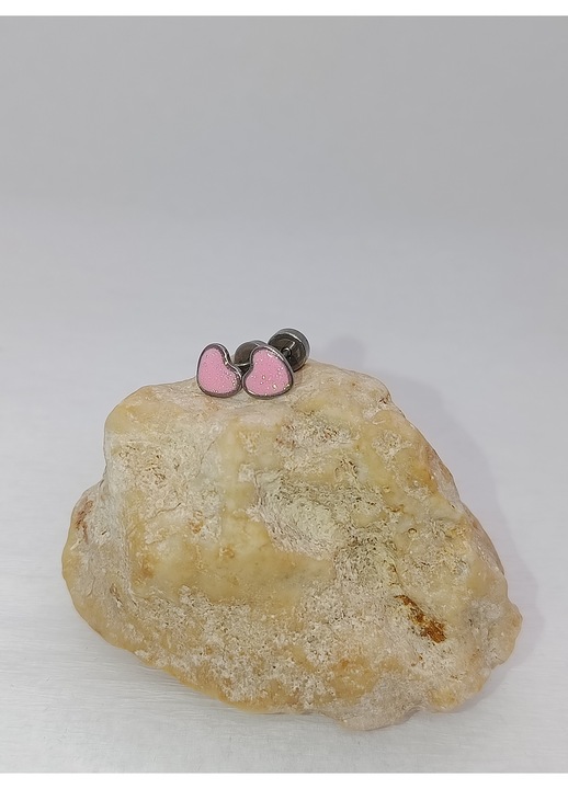 Cercei mini inimă roz, inox argintiu, închidere cu filet, hipoalergenici, 5mm