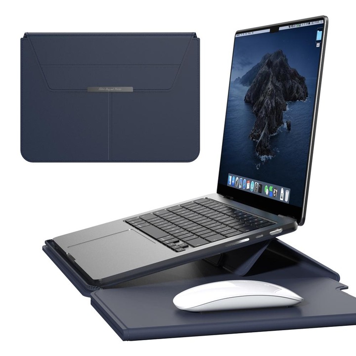 Többfunkciós laptoptáska, Aiorber, 15-16.1 hüvelyk, beépített egérpaddal, vízálló, bőr, osztott kialakítás, mágneses záródás, 37.6 × 26.5 × 2 cm, kék