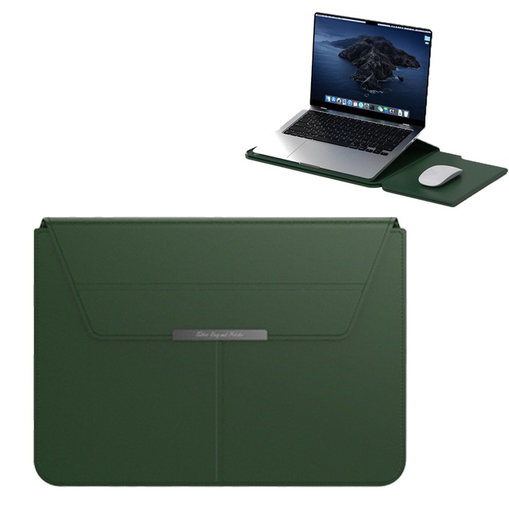 Többfunkciós laptoptáska, Aiorber, 15-16,1 hüvelykes, integrált egérpaddal, vízálló, bőr, osztott kialakítás, mágneses zárak, 37,6 × 26,5 × 2 cm, zöld