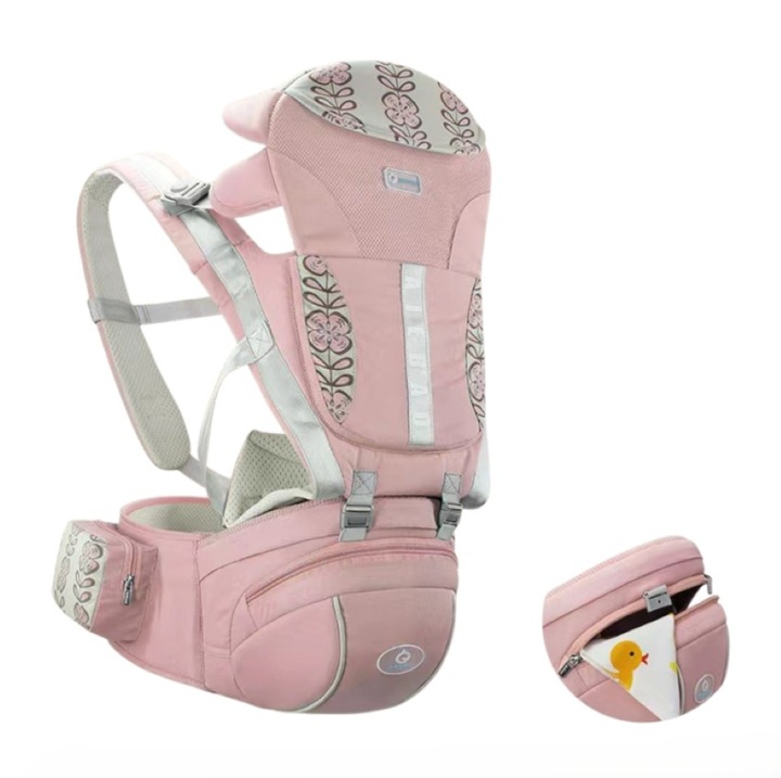 Marsupiu cu suport reglabil, GHEMOTOC®, cu 6 pozitii de transport, 0-36 luni, bumbac, roz