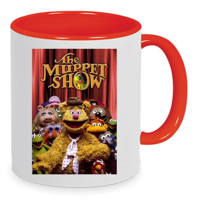 Cana The Muppet Show No4, ceramica premium, capacitate 330ml, design alb si rosu, rezistenta la masina de spalat vase si cuptor cu microunde