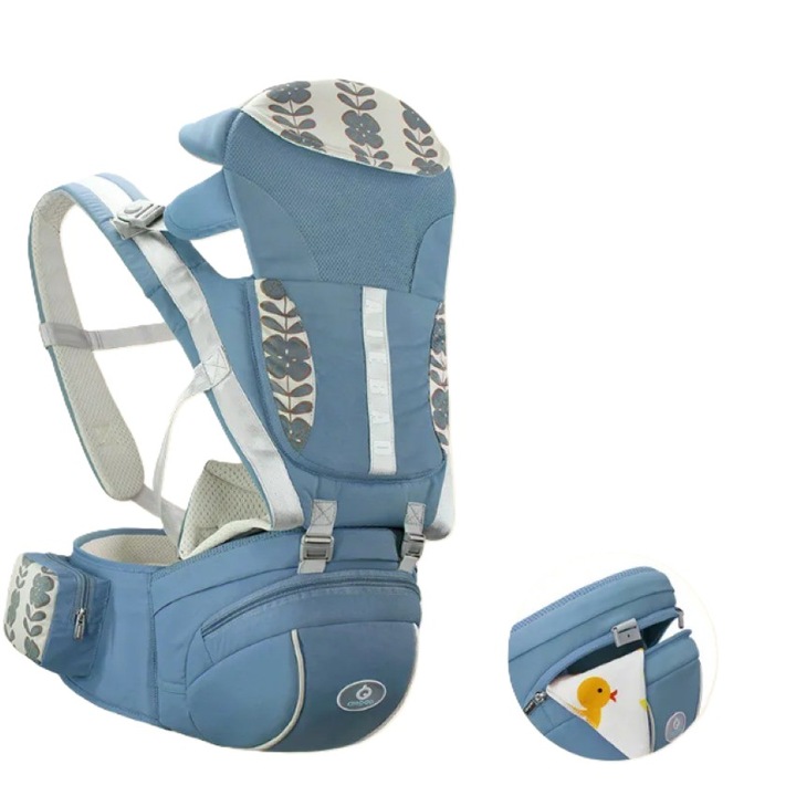 Marsupiu cu suport reglabil, GHEMOTOC®, cu 6 pozitii de transport, 0-36 luni, bumbac, albastru