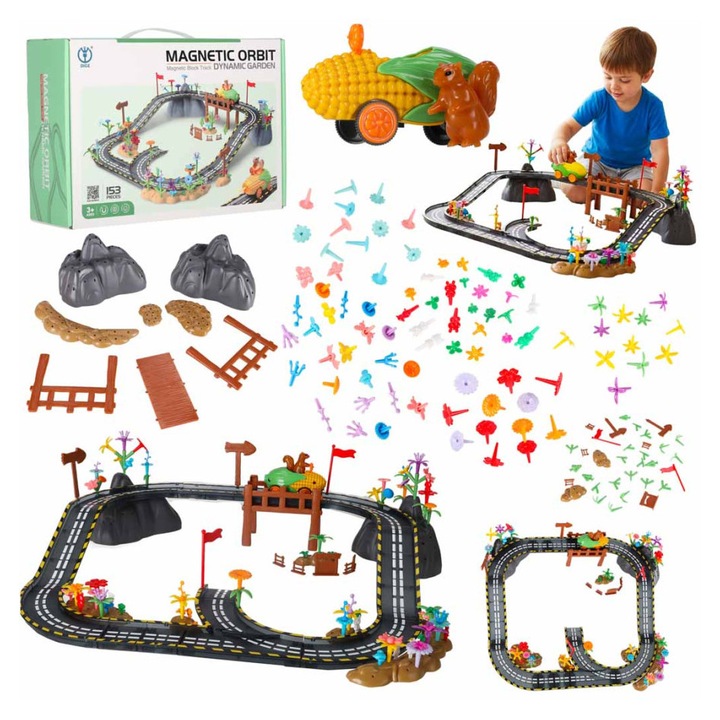 Pista de Curse Magnetica Luminoasa cu Massinuta, 153 Piese, Set Educational pentru Copii