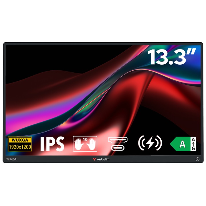 Преносим сензорен монитор Verbatim 32087, 13.3", WUXGA (1920x1200), IPS, 6ms GtG, HDR, Power Bank 5000mAh, Multi-Touch дисплей, Вградени високоговорители, USB-C/Wireless, Алуминиев корпус, Черен