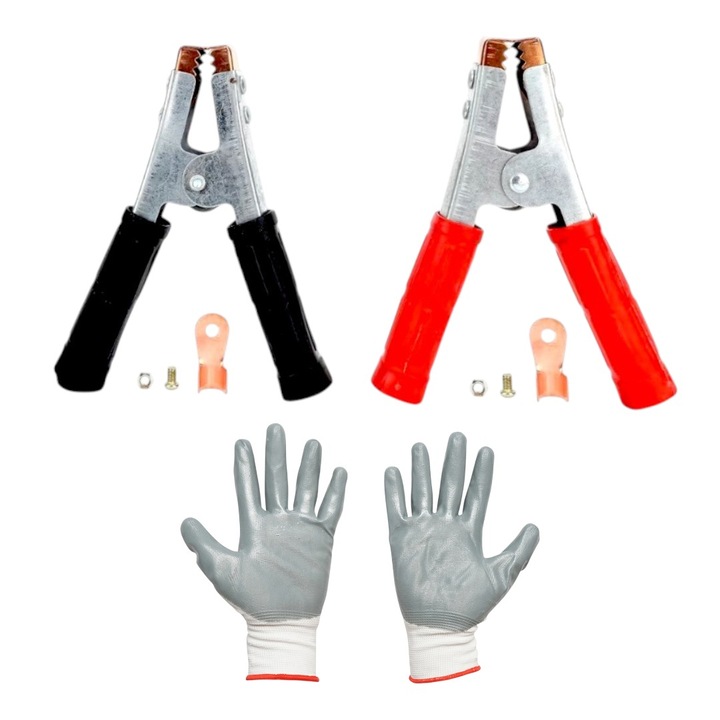Комплект щипки за пренос на ток тип алигатор, червено и черно, 155x110mm, 600A, с 2 фиксиращи скоби и защитни ръкавици