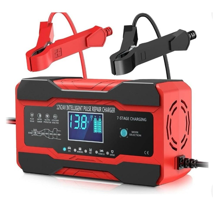 Amoi 12V 10A autós akkumulátortöltő, piros, méretei 18,5x8,5x5,5cm