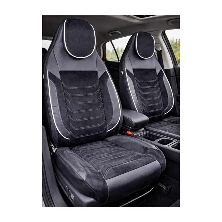 Set Huse Scaune Auto idealSTORE, Universale, Design Premium, Confort Sporit, Husa Bancheta Spate Fractionata, Tetiera Fata Incorporata, Material Textil, Montaj Usor, Culoare Negru-Cusatura Alba