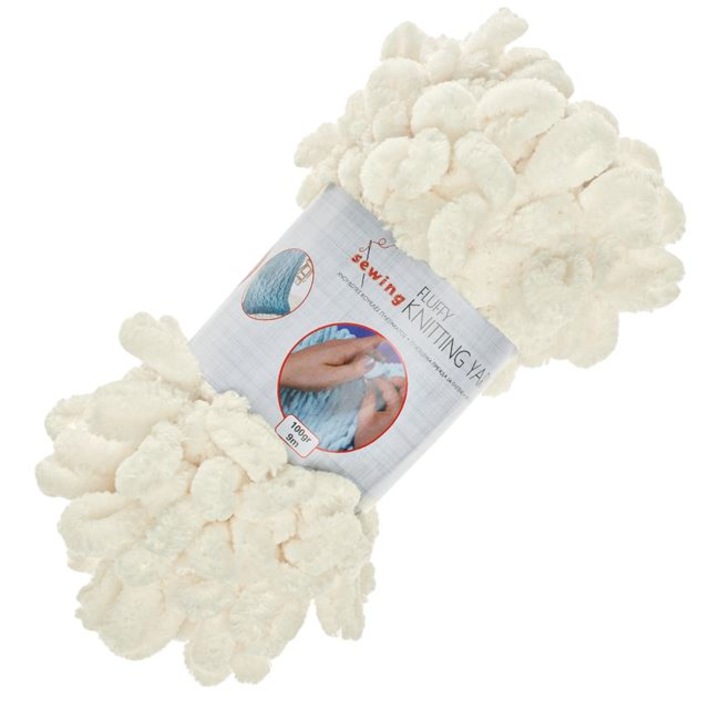 Fir de tricotat catifea fluffy, Shopiens, alb, 100g, 9m