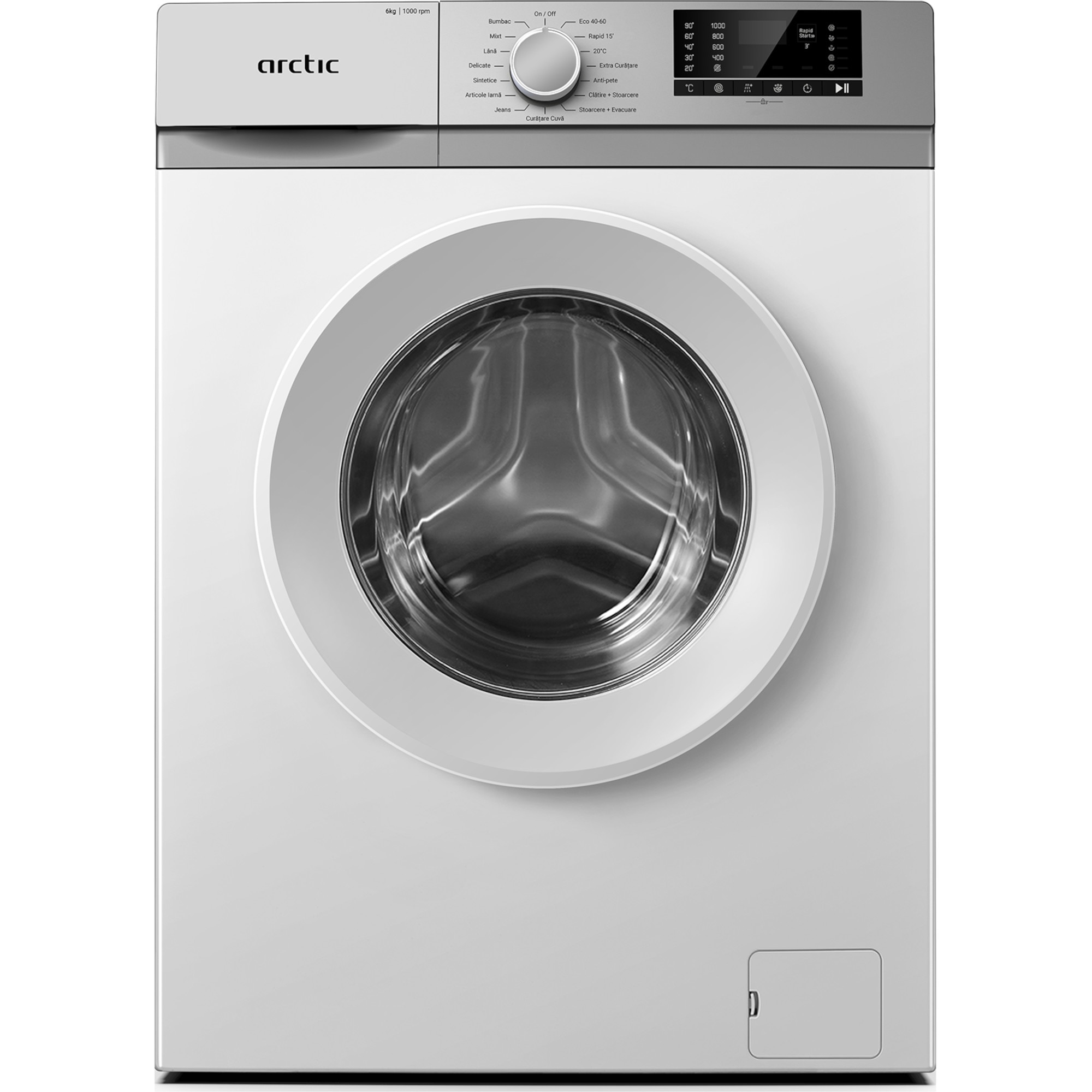 Masina de spalat rufe frontala Arctic ARSMA630WSPRO, 6 kg, 1000 RPM, Clasa D, Digital Display, Child Lock, OptiSense, Alb