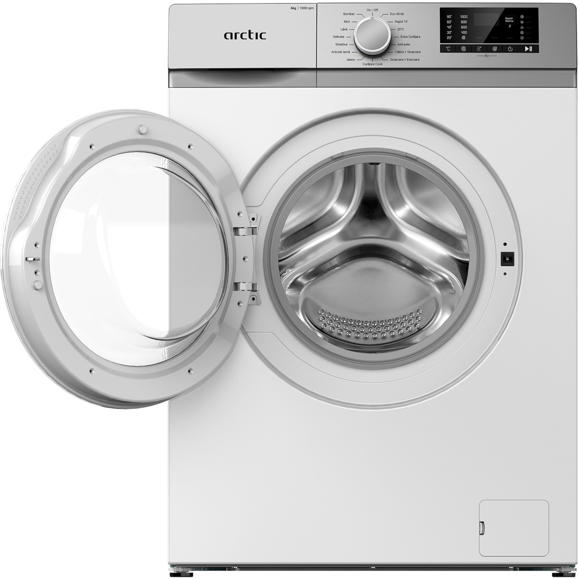 Masina de spalat rufe frontala Arctic ARSMA630WSPRO, 6 kg, 1000 RPM, Clasa D, Digital Display, Child Lock, OptiSense, Alb