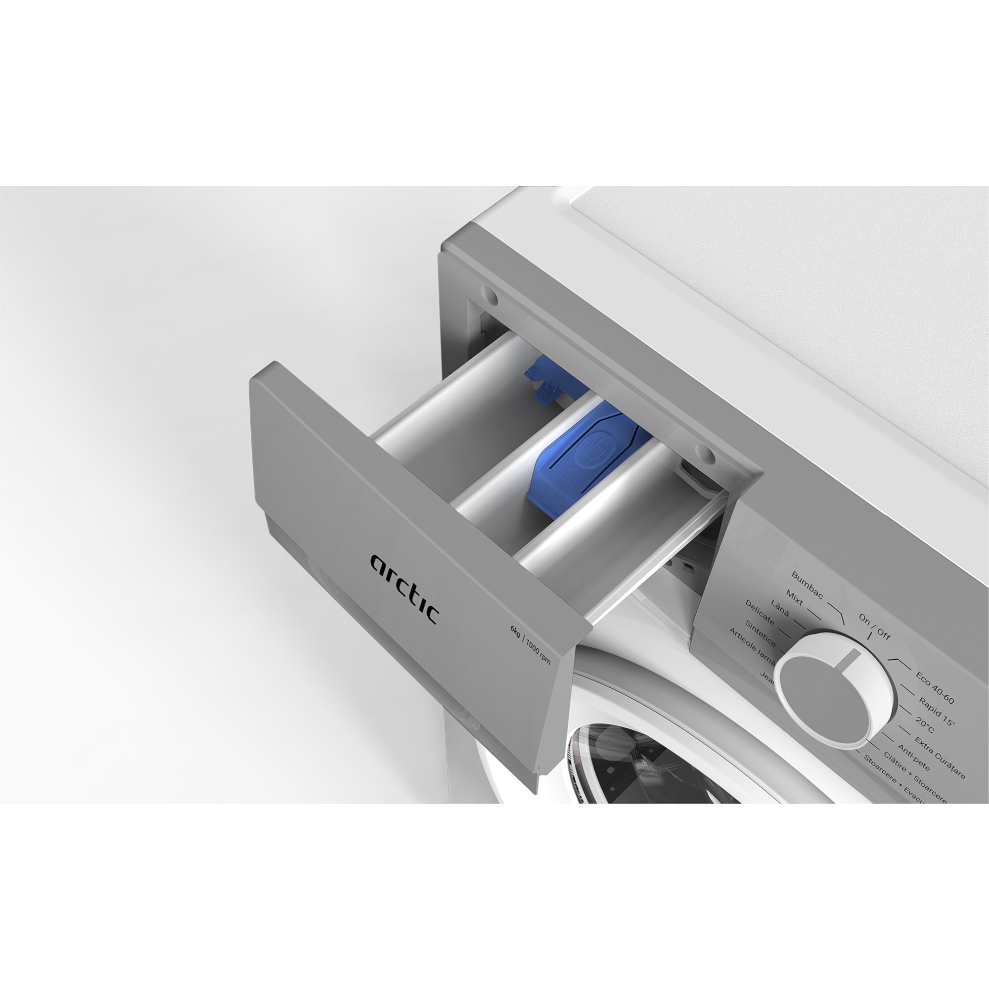 Masina de spalat rufe frontala Arctic ARSMA630WSPRO, 6 kg, 1000 RPM, Clasa D, Digital Display, Child Lock, OptiSense, Alb