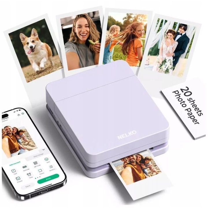 Imprimanta foto de buzunar Nelko PP03, Bluetooth, 600 dpi, violet, set 20 coli hartie, 45x60mm