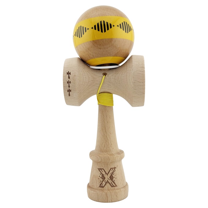 Kendama X Originala FREQUENCY, Profesionala, Cupe Mari KING V3, Super Lipicios, Gaura in Baza, Rulment Metalic, din lemn 18 cm, Ata 62/65 cm, Galben/Maro