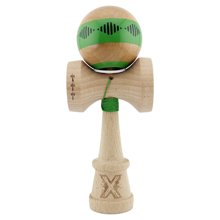 Kendama X Originala FREQUENCY, Profesionala, Cupe Mari KING V3, Super Lipicios, Baza Gaurita, Rulment Metalic, din lemn 18 cm, Ata 62/65 cm, Verde/Maro