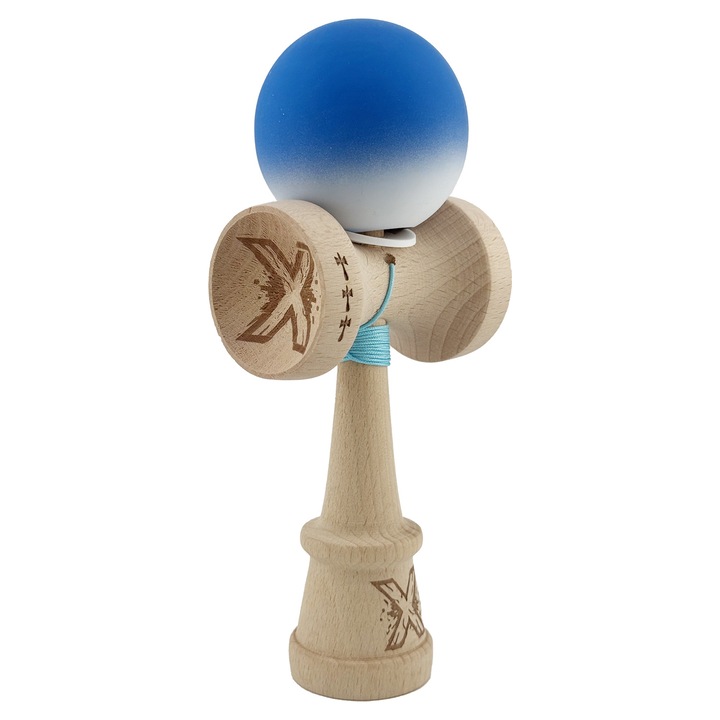Kendama X Originala, Profesionala, By Fitilomania, Rubber Grip, Cupe Mari KING SIZE V3, Gaura in Baza, Rulment Metalic, din lemn 18 cm, Ata 62/65 cm, Gradient Albastru/Alb
