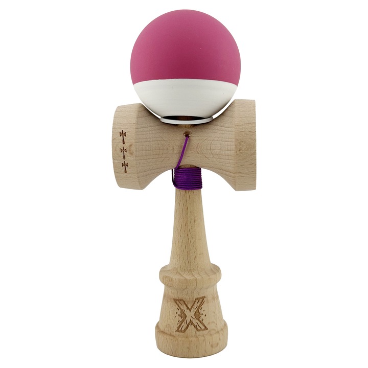 Kendama X Originala, Profesionala, Rubber Grip, Cupe BIG KING V3, Baza Gaurita, Rulment Metalic, din lemn 18 cm, Ata 62/65 cm, Bicolor Roz inchis/Alb