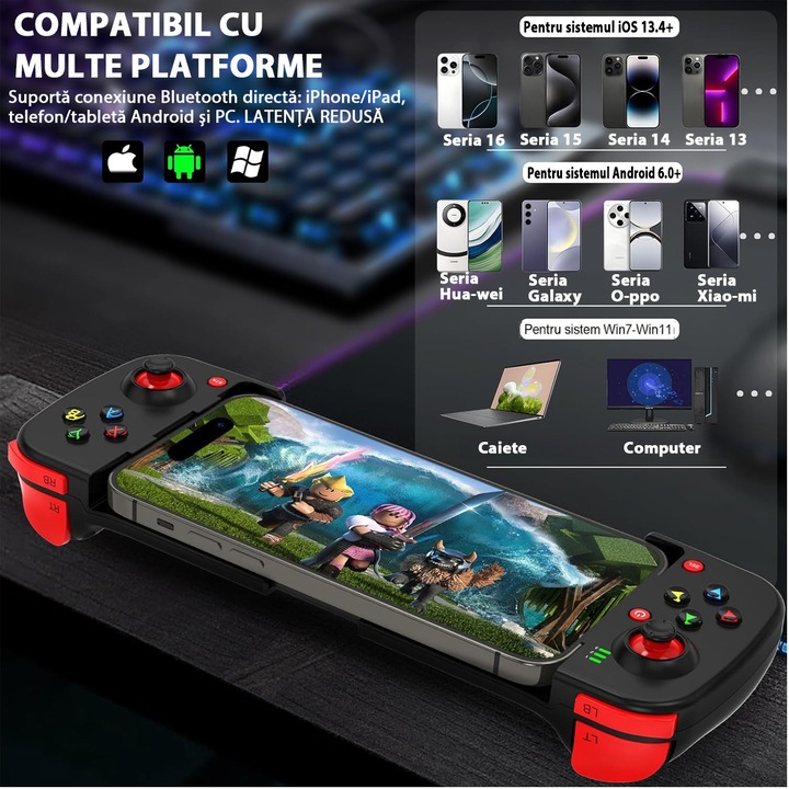 Gamepad Wireless Bluetooth 5.0, FooFoony, Negru, Compact, Multi-platformă