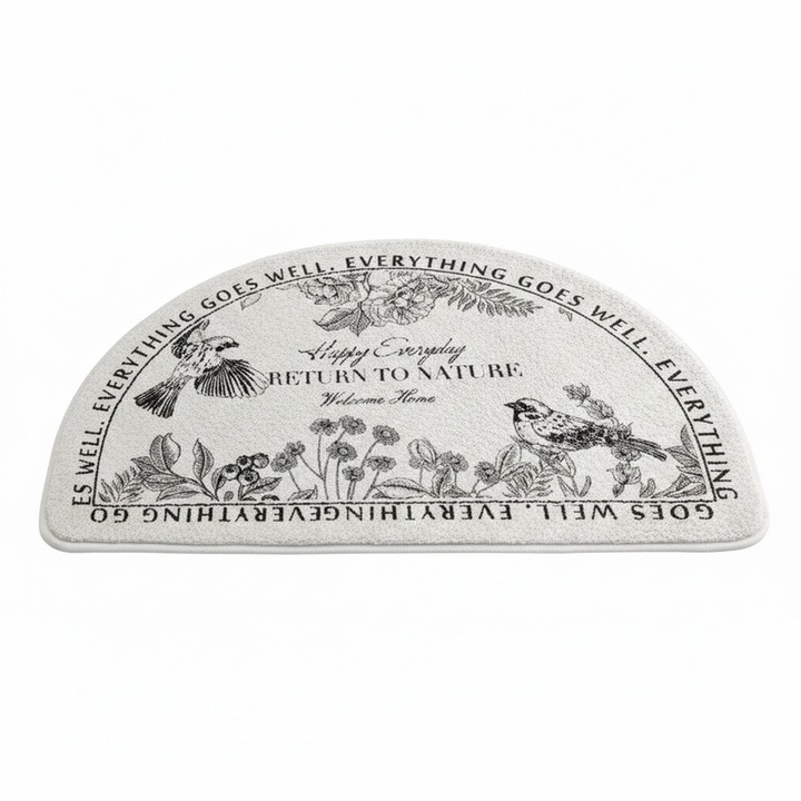 Félkör alakú fürdőszobaszőnyeg dekoratív mintával és szöveggel, csúszásgátló, fekete/fehér, 40 x 60 cm