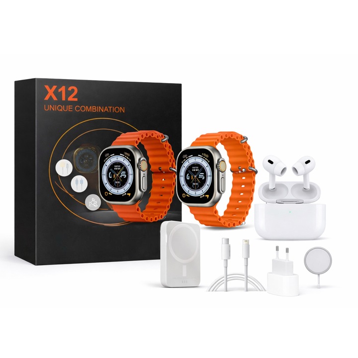 Smartwatch X12 Unique, SLSpeed, Bluetooth, Casca BT, NFC, Ecran 2.02 IPS, IP67, Monitorizare Sanatate, Always-On, Baterie Externa, set 6 accesorii, Portocaliu