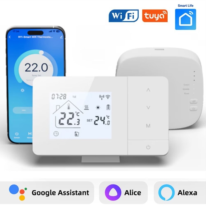 Termostat de ambient inteligent BSG TECH™, WiFi, RF Wireless, Controlat prin Internet/Telefon, Compatibil cu Orice Centrala Termica, Programabil, Receiver inclus, Tuya / Google Home / Alexa, Functie Smart Control Vocal, Alb