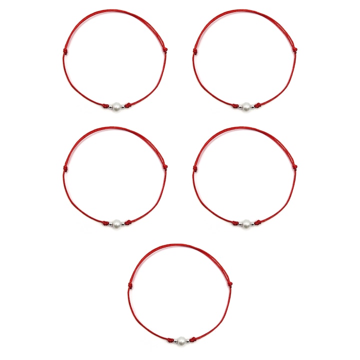 Set 5 Bratari Martisor, Ajustabile, Lexy's Boutique, din Argint cu Perla de Cultura, Rosu
