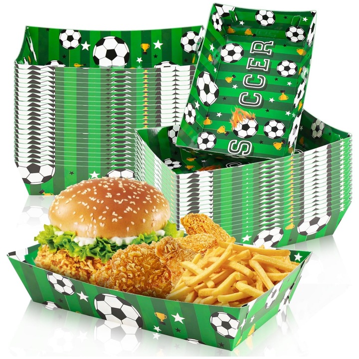 Set vesela pentru petrecere fotbal, MunDeir®, 24 piese, 17.5x9.5x4cm, imprimeu fotbal, fundal verde