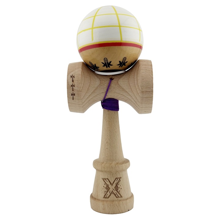 Kendama X Originala, Profesionala, Legendary Glob, Cupe Mari KING V3, Super Lipicios, Baza Gaurita, Rulment Metalic, din lemn 18 cm, Ata 62/65 cm, Alb/Galben/Rosu
