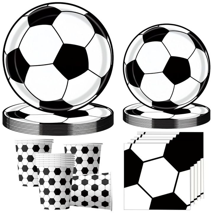 Set vesela petrecere fotbal MunDeir® 50 piese alb-negru pentru 10 persoane