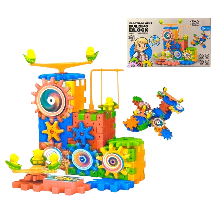 Set interactiv cuburi de construit cu rotite si mecanisme – Electric Gear Building Block, 83 piese, constructii interactive (avion, tanc, buldozer, parc distractii), joc educativ STEM