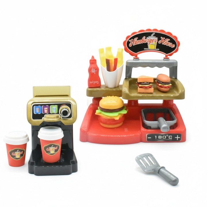 Set aparat de cafea si statie Burger House, cu burgeri, cartofi prajiti, sosuri si cos de fripteuza, pentru copii 3+, MASTPAD