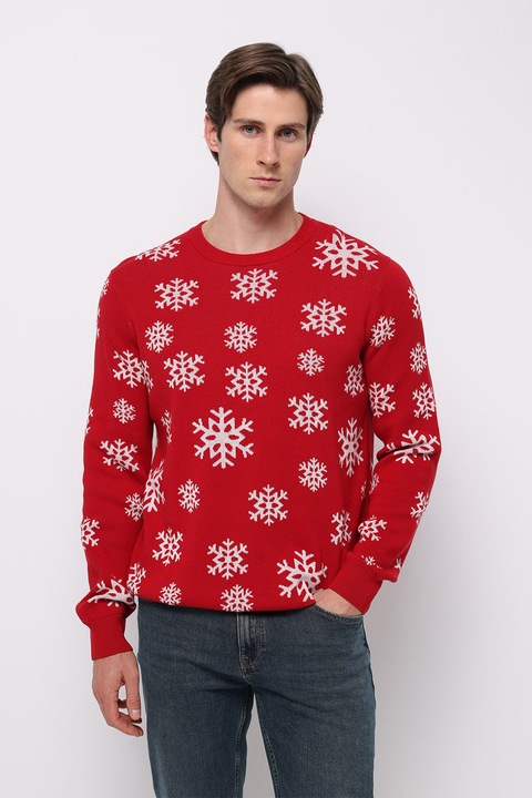 COLIN'S, Pulover de bumbac cu fulgi de nea, Rosu/Alb