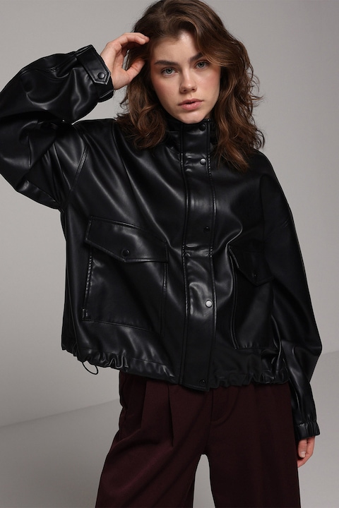 COLIN'S, Jacheta de piele ecologica cu gluga, Negru